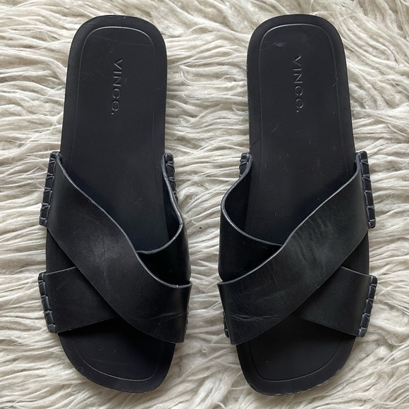 Vince Nico Black Leather Criss Cross Slide Squared Toe Flat Sandals Size 7.5 - Picture 4 of 13